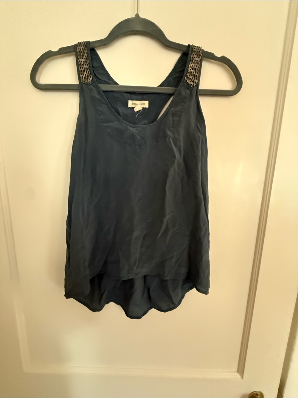 silence + noise Navy Beaded-Shoulder  100% silk Tank Top